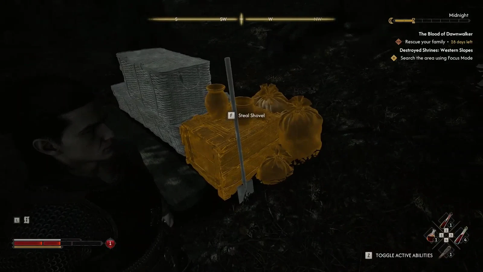 Focus Mode highlighting a shovel and crates in the bandit camp with a steal prompt