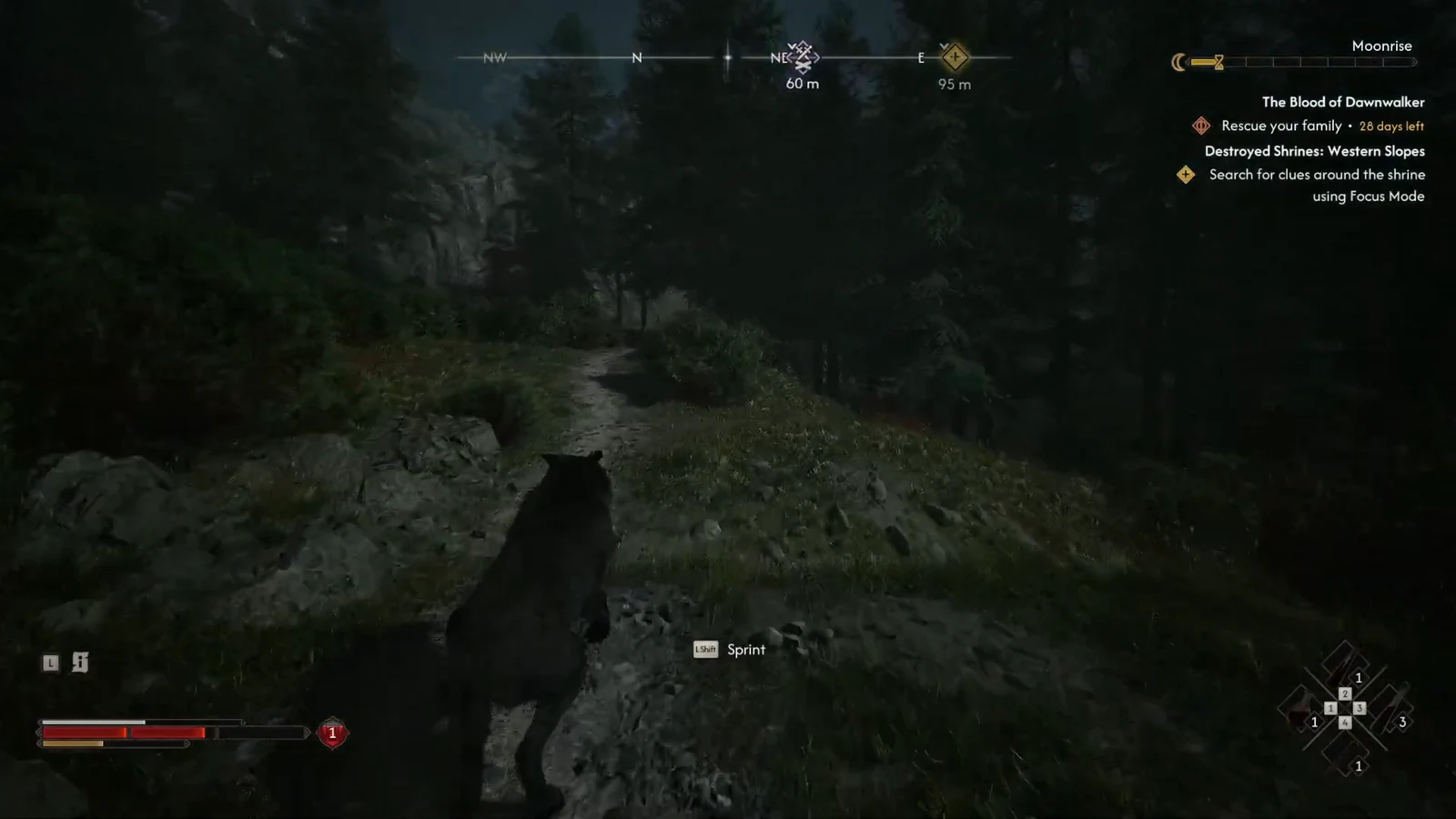 Objective marker to search for shrine clues while running along a forest trail at night