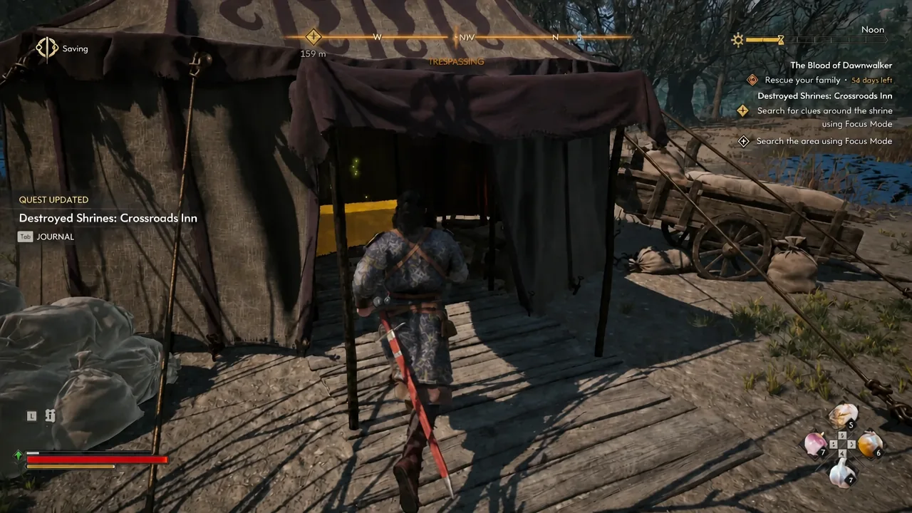 Coen stepping into the soldier camp tent that holds the chest with the shrine's heart