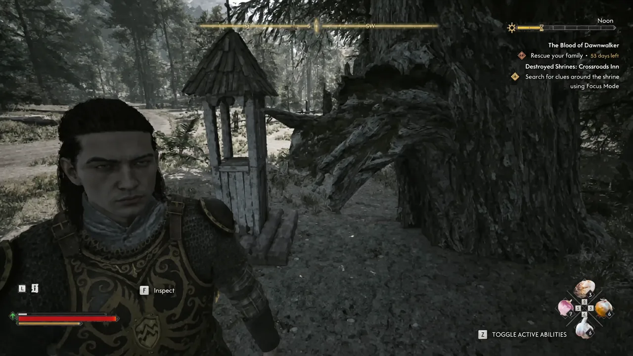 Inspect prompt showing at the ruined Crossroads Inn shrine in Focus Mode
