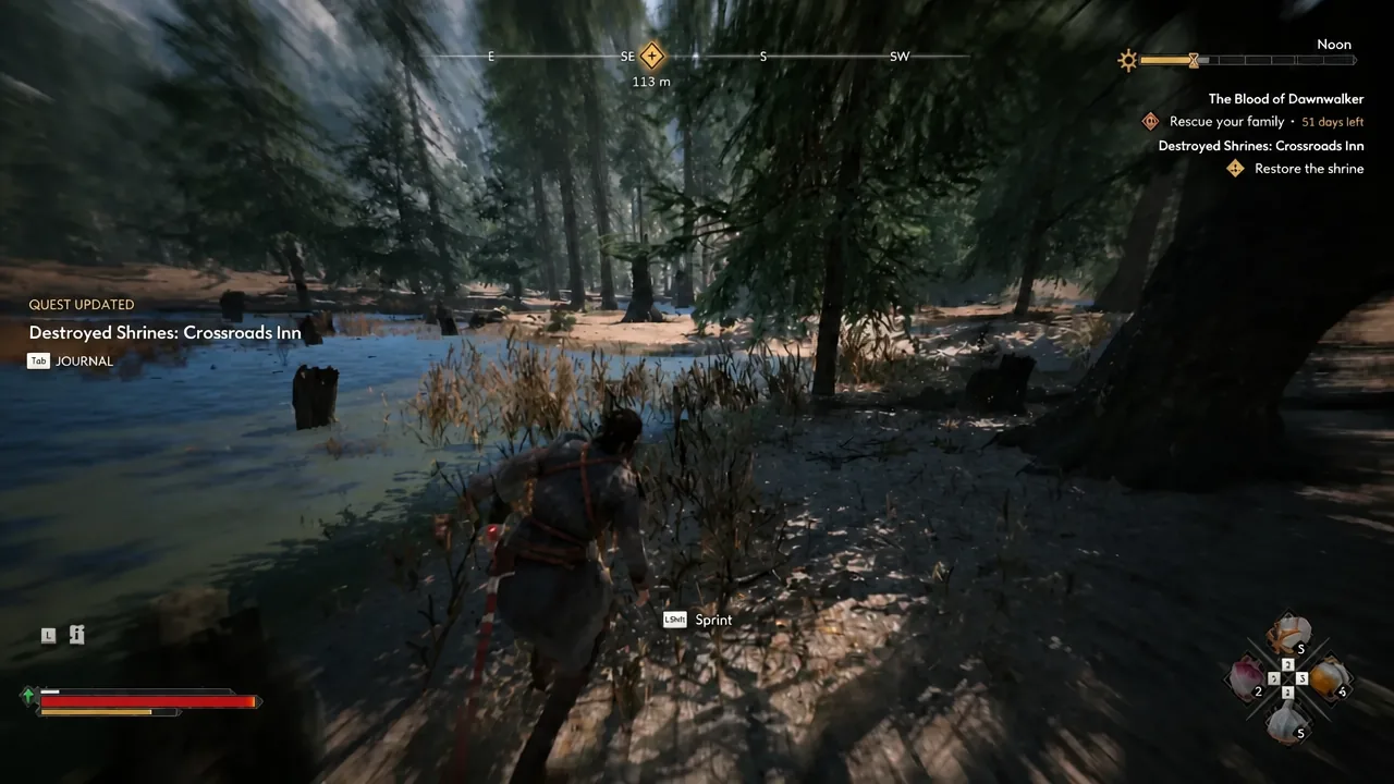 Quest update for the Crossroads Inn shrine appearing while running back through the forest
