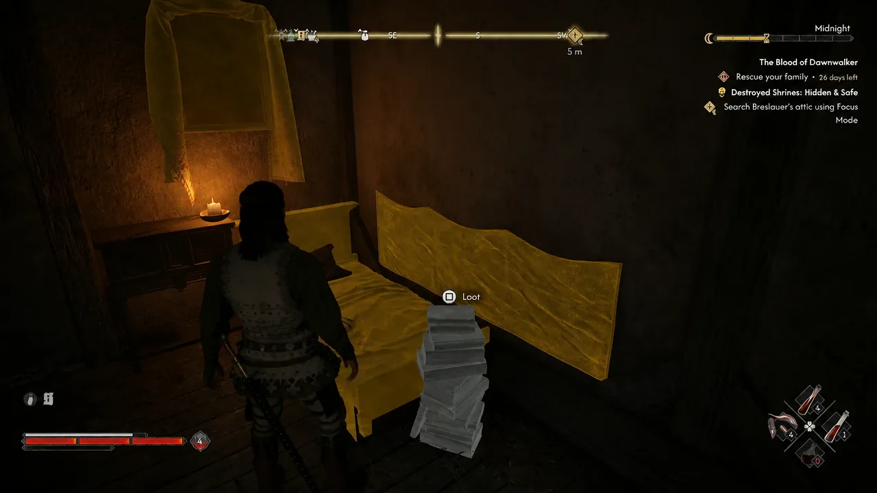 Loot prompt appearing over a pile of belongings next to a bed inside the attic