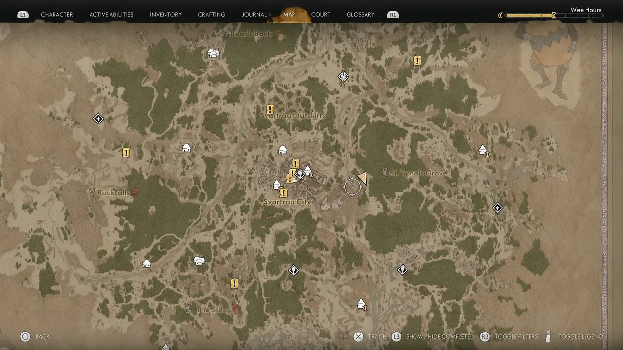 Regional map screen open on the Map tab with quest markers visible around Svartrau
