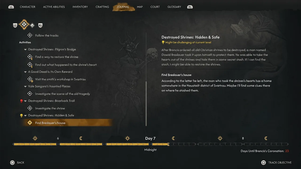 Journal entry for Destroyed Shrines: Hidden & Safe showing the Find Breslauer's house objective