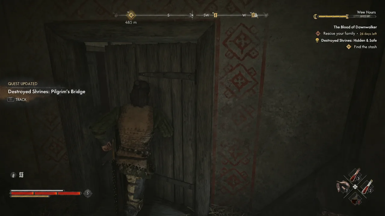 Quest Updated notification for Destroyed Shrines: Pilgrim's Bridge while squeezing through a wooden gate