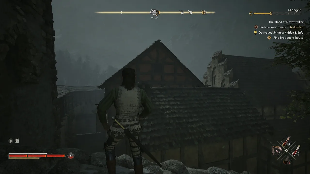 Quest marker for Breslauer's house on the HUD while moving through the city streets