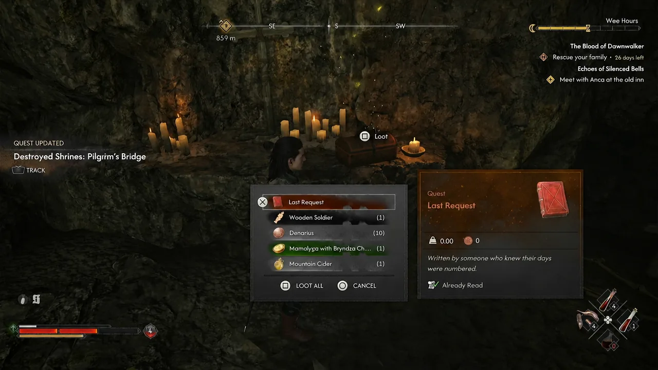 Loot window at the ruined shrine with the letter item selected before taking everything
