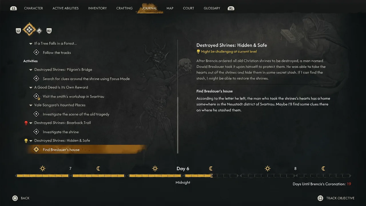 Journal entry showing the objective to find Breslauer's house with the tracking option