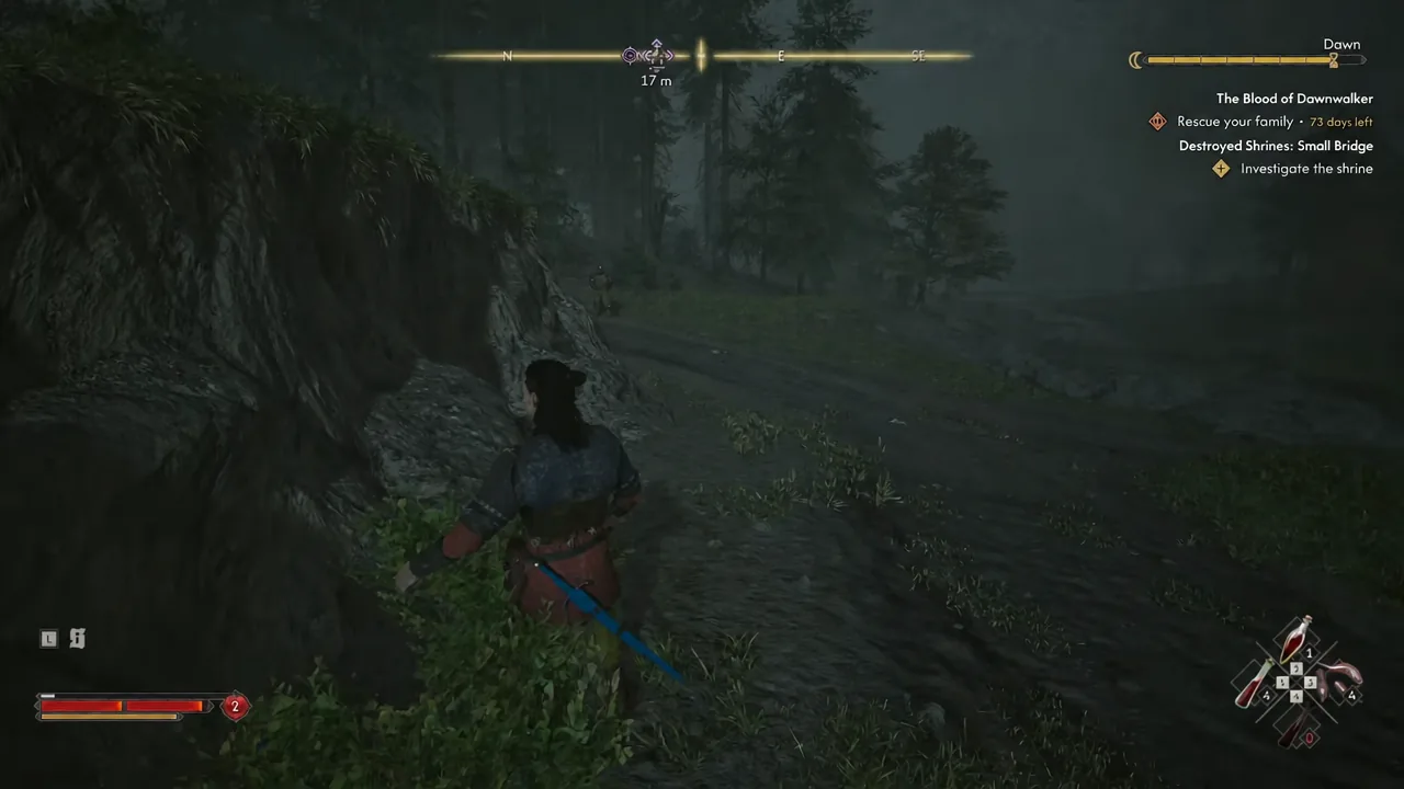 Quest tracker showing the Investigate the shrine objective as the player nears the ruined shrine