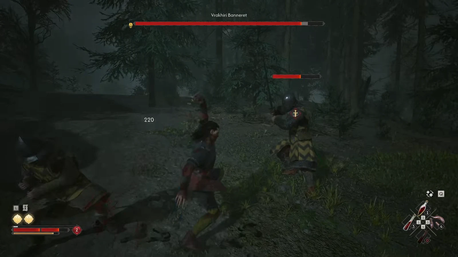 The Banneret boss health bar appears while the player fights him and his escort among the trees