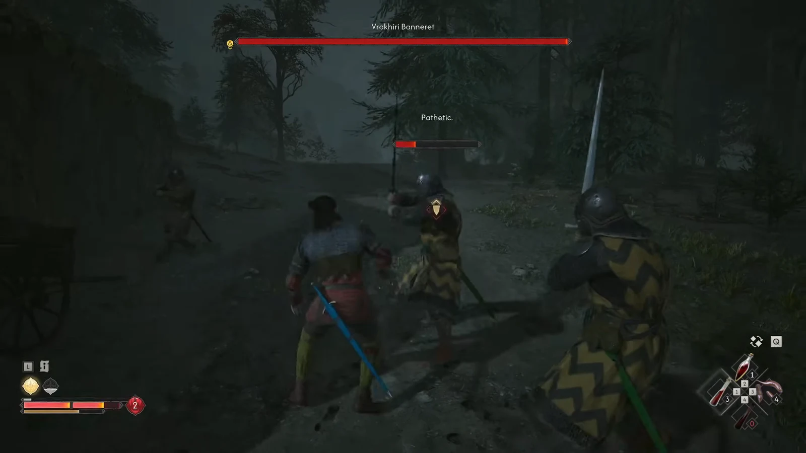 Melee attacks land on the Banneret as his stagger meter builds toward a break