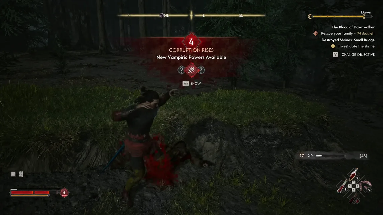 Corruption Rises notification pointing to the Tab key for newly unlocked vampiric powers