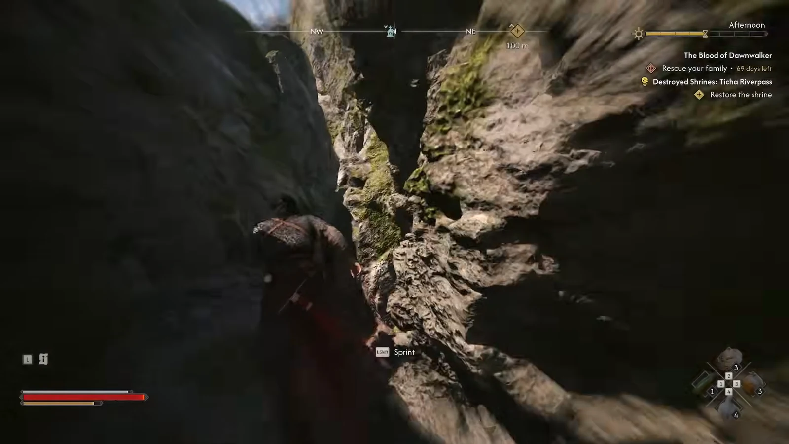 Character pushing through a tight gap between rock walls with the sprint prompt on screen
