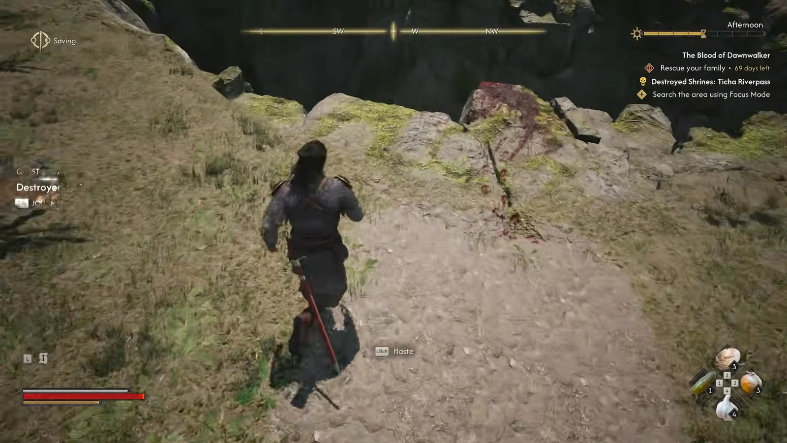 Blood trail at the edge of the ravine with the Search the area using Focus Mode objective on screen
