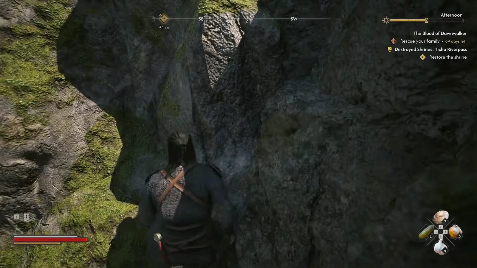 Rocky passage out of the ravine with the Restore the shrine marker pointing back toward the shrine