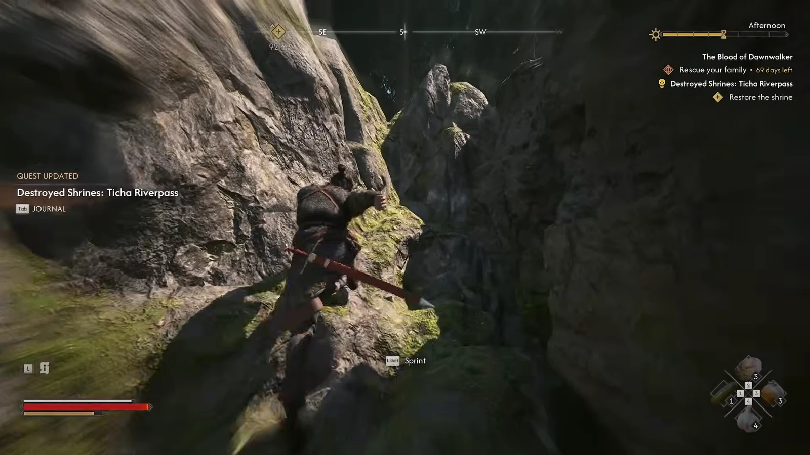 Coen climbing out of the Ticha Riverpass ravine with the Restore the shrine objective showing