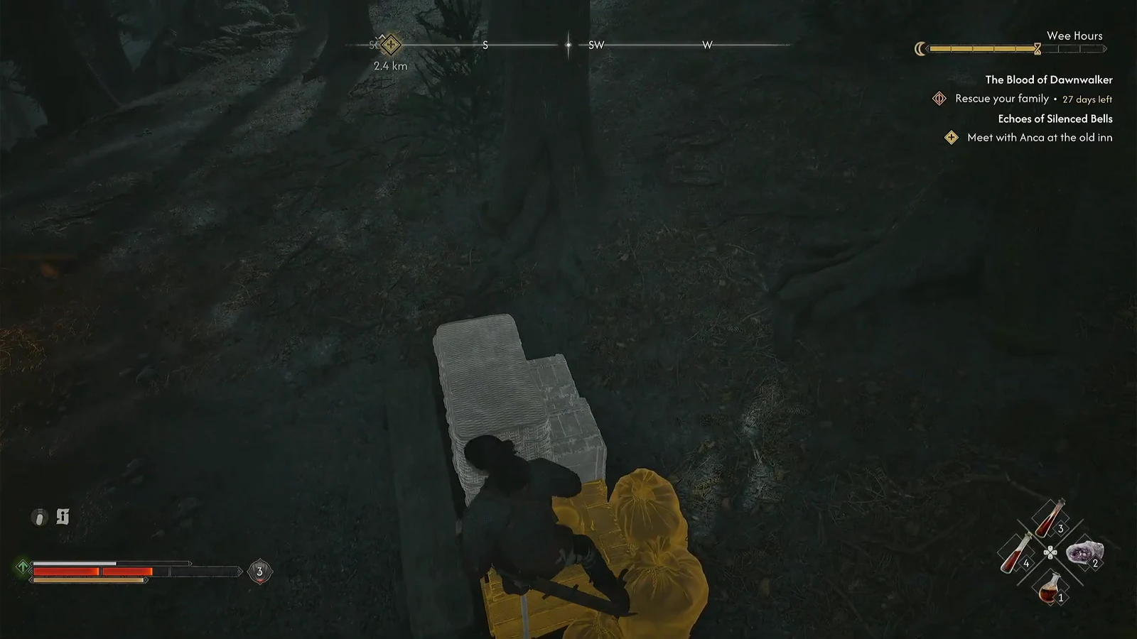 Standing over the gold-highlighted chest at the bandit camp at night