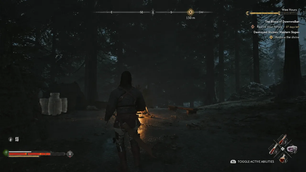Running through the forest toward the 150 m shrine objective marker