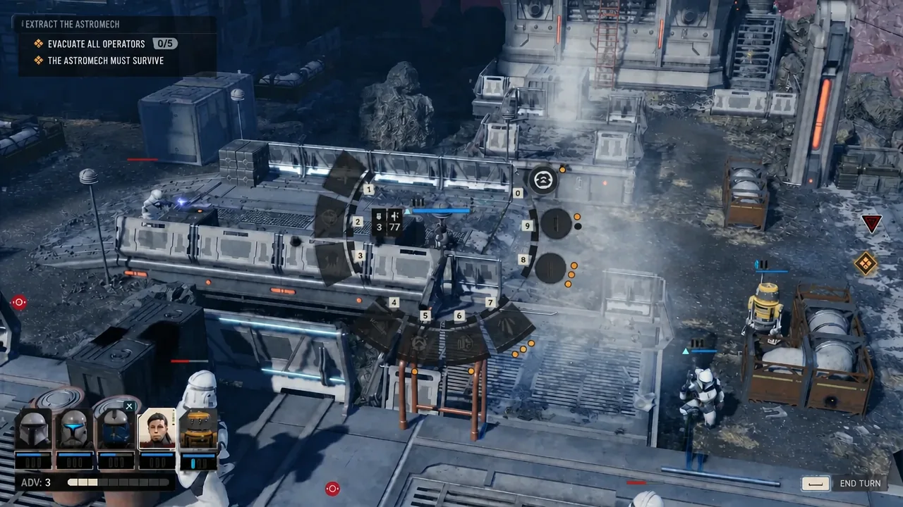 Movement preview drawn across the battlefield as the squad falls back toward the extraction point