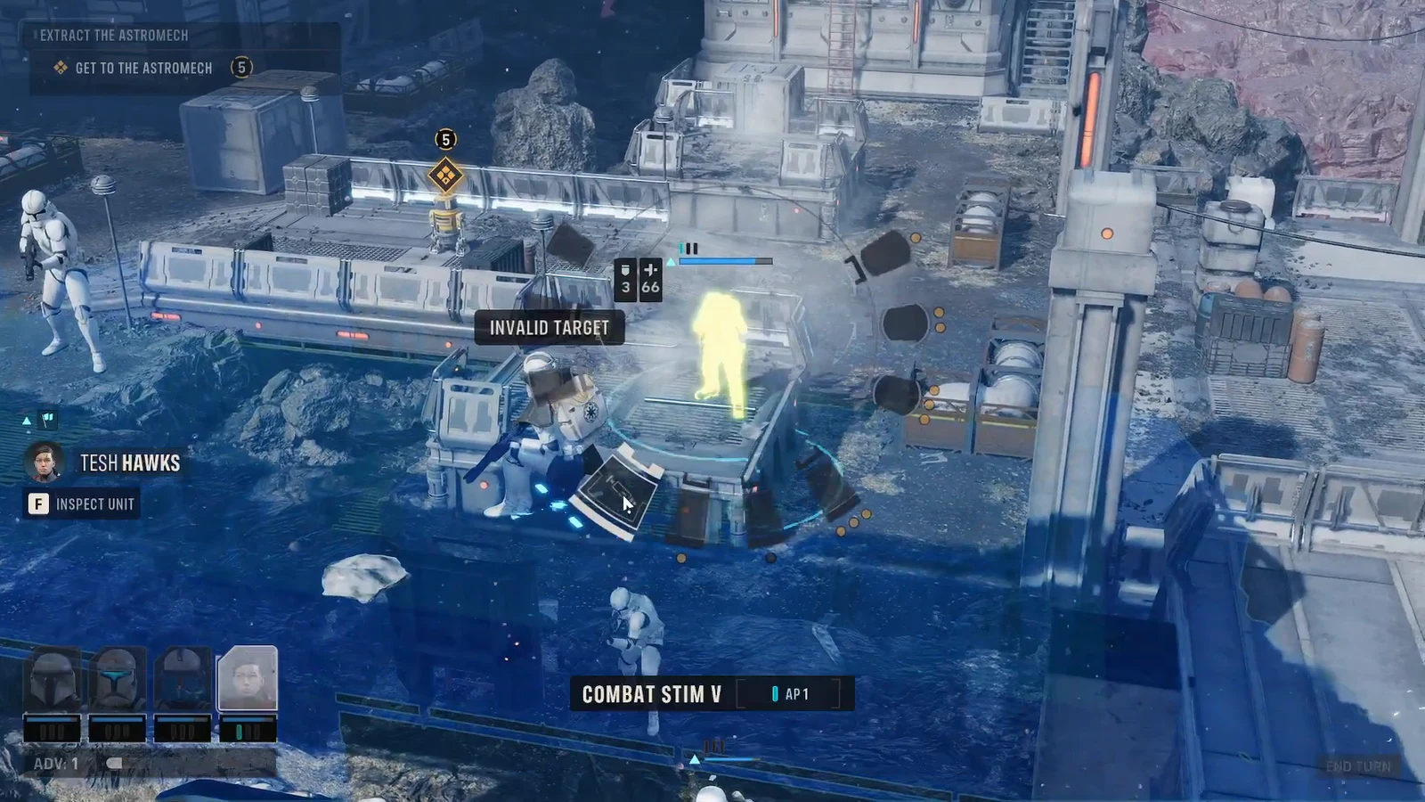 Combat Stim V targeting prompt showing an INVALID TARGET warning during the extraction objective
