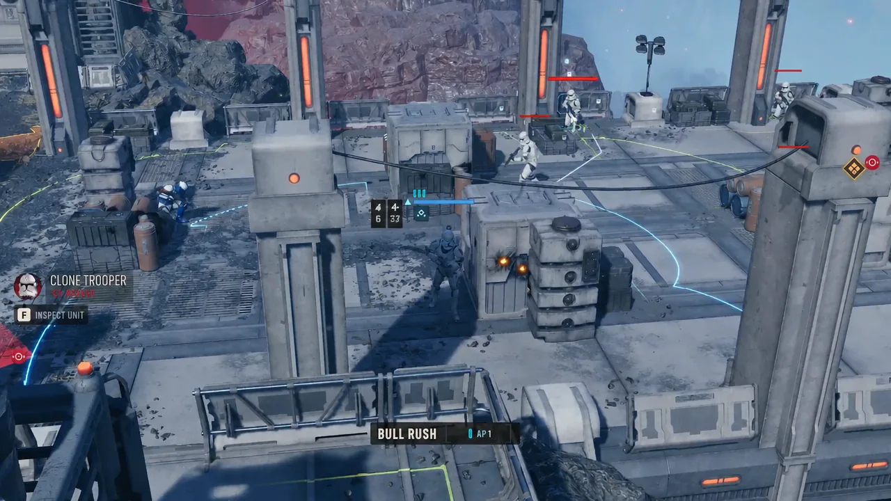 Bull Rush selected on the ability bar with an enemy Clone Trooper highlighted as the target