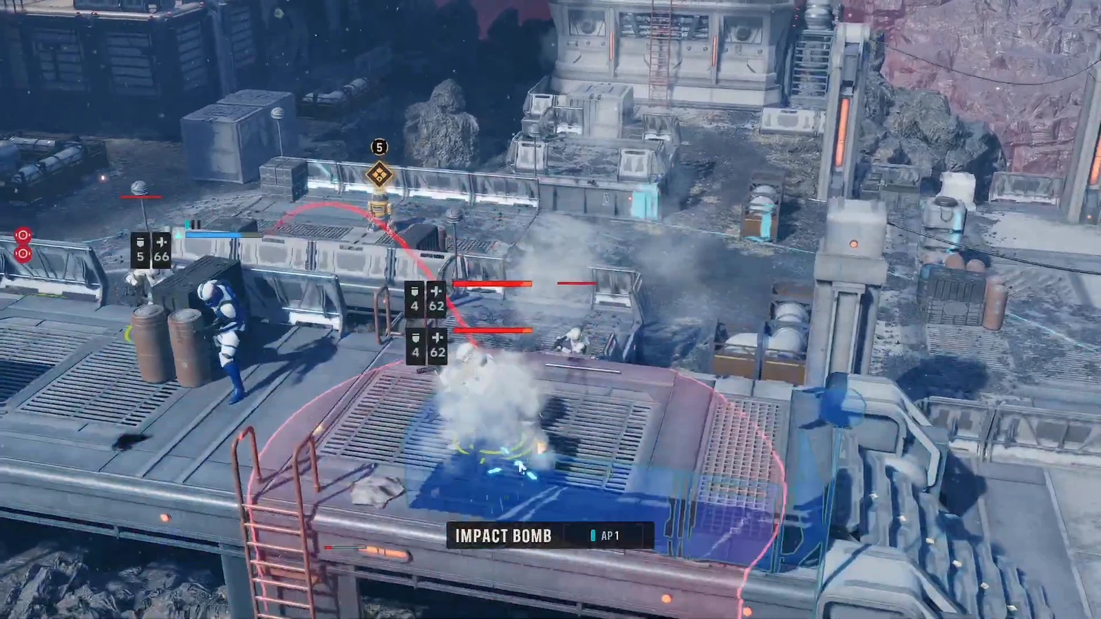 Impact Bomb selected on the tactical screen, targeting a cluster of enemies near cover