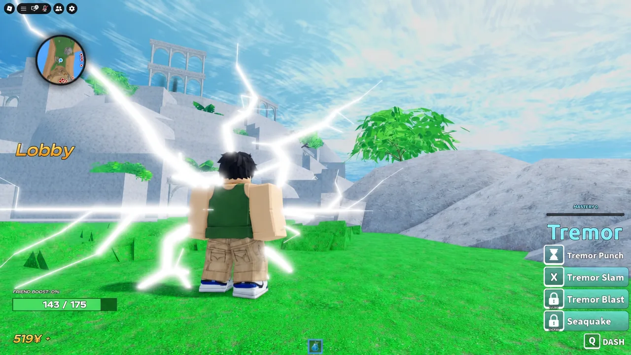 Lobby screen with the Tremor ability panel listing all four moves