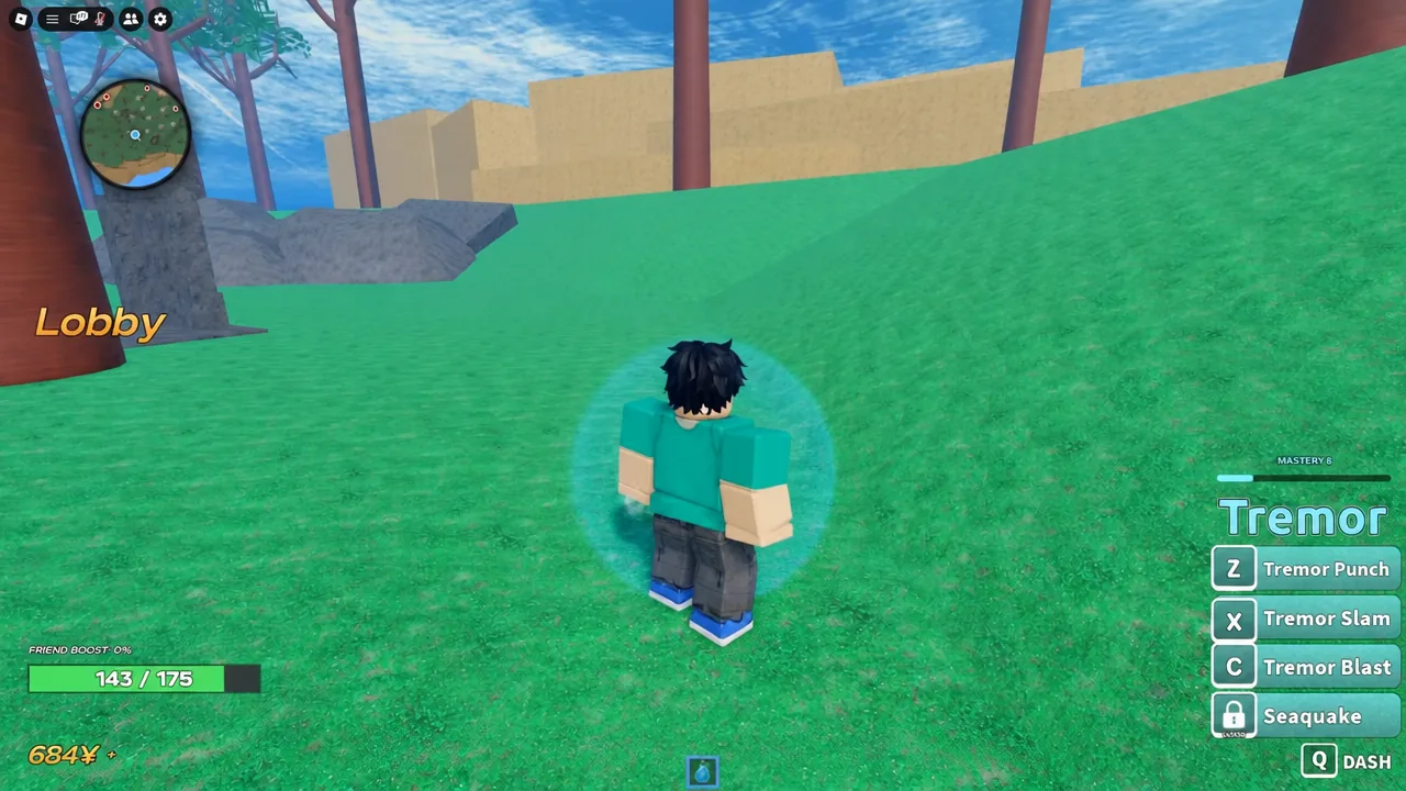 Player back in the lobby with the Tremor move panel showing controls after respawning