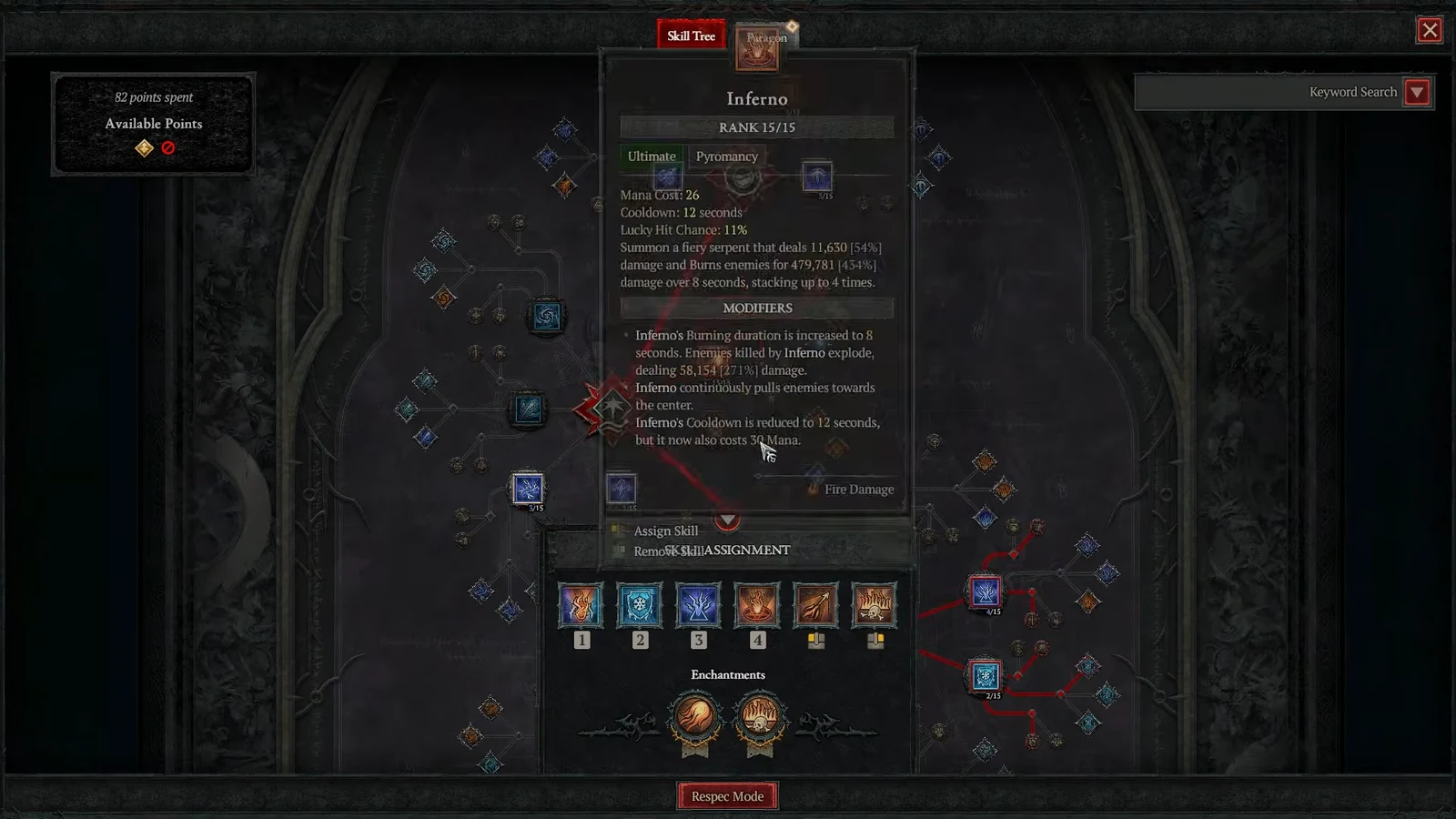 Inferno skill tooltip shown at rank 15 of 15 in the Diablo 4 skill tree
