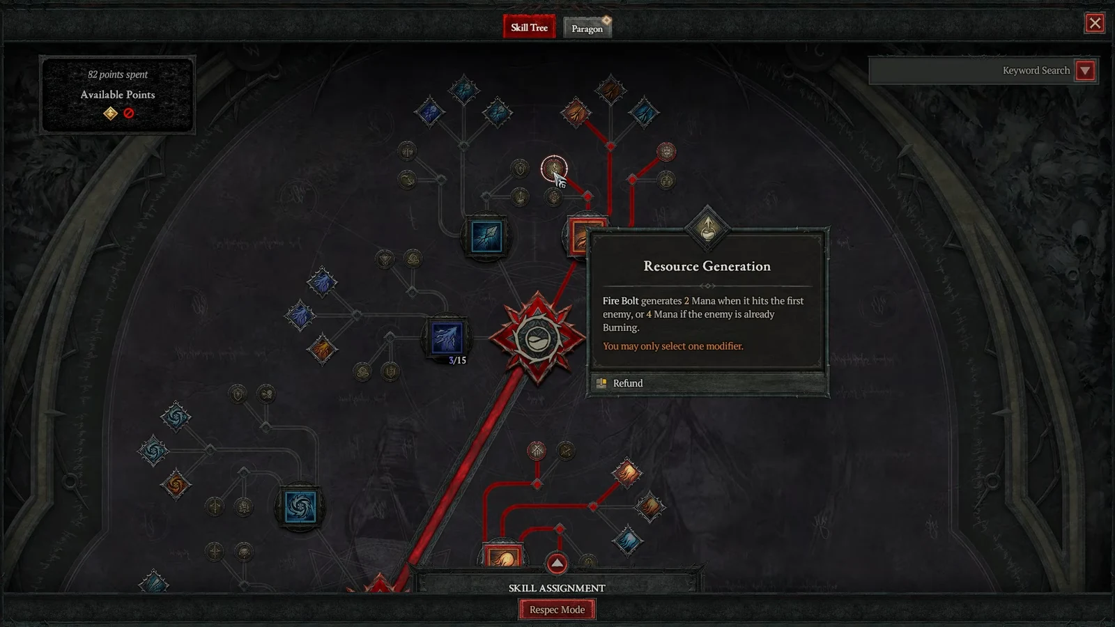 Fire Bolt's Resource Generation modifier tooltip open in the Diablo 4 skill tree