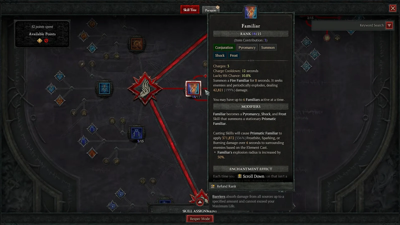 Familiar node highlighted in the skill tree with its rank, tags, charges and modifiers