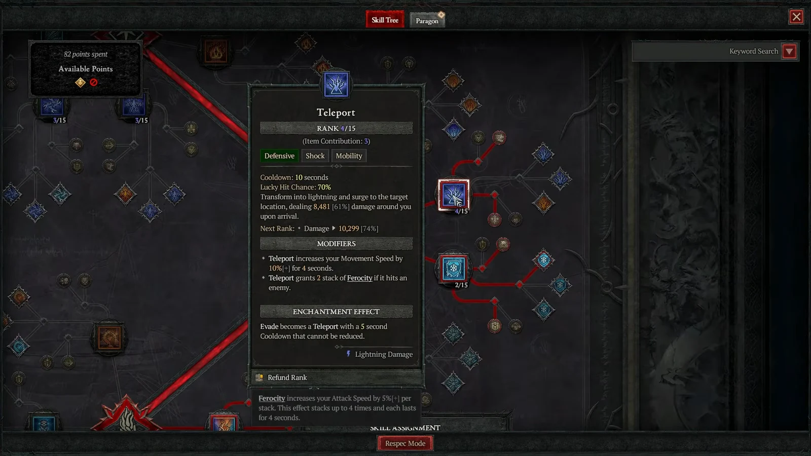 Teleport skill tooltip at rank 4 of 15 showing its modifiers and enchantment effect