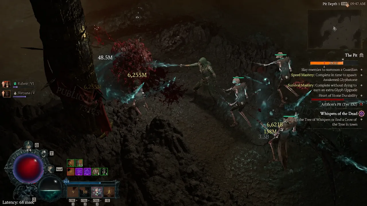 Pit run in progress with the objective panel and timer tracking dungeon mastery on the right side of the screen