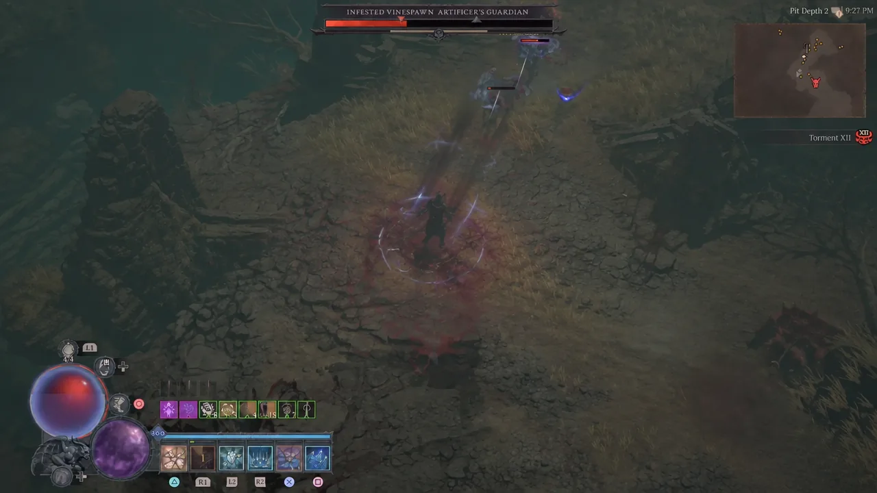Boss health bar draining as the player lands hits on the Infested Vinespawn Artificer's Guardian