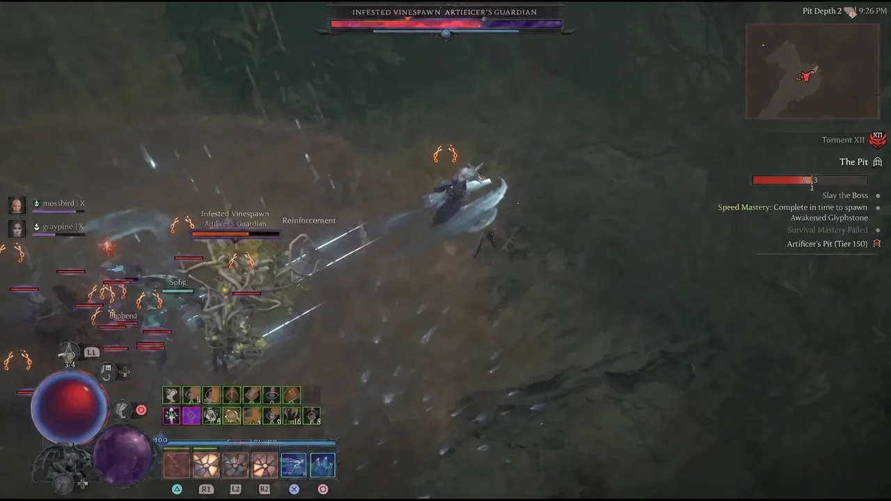 Party burning down the Infested Vinespawn Artificer's Guardian in a Pit run with the boss health bar filling the top of the screen