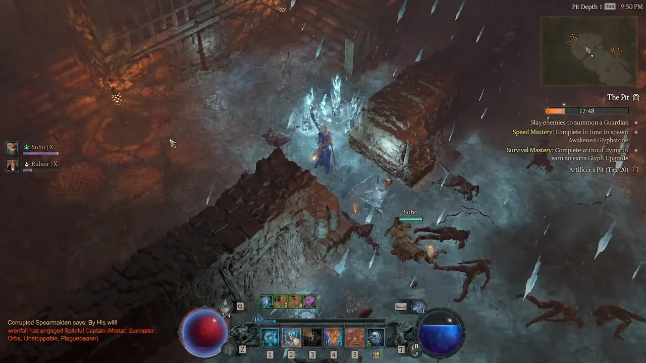 Sorcerer fighting a pack in the Pit with the objective to slay enemies and summon a Guardian