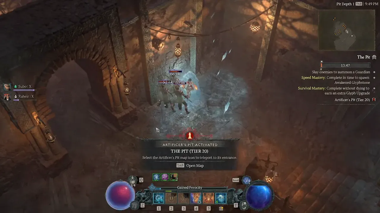 Artificer's Pit Activated prompt telling the player to press TAB and pick the Pit icon on the map
