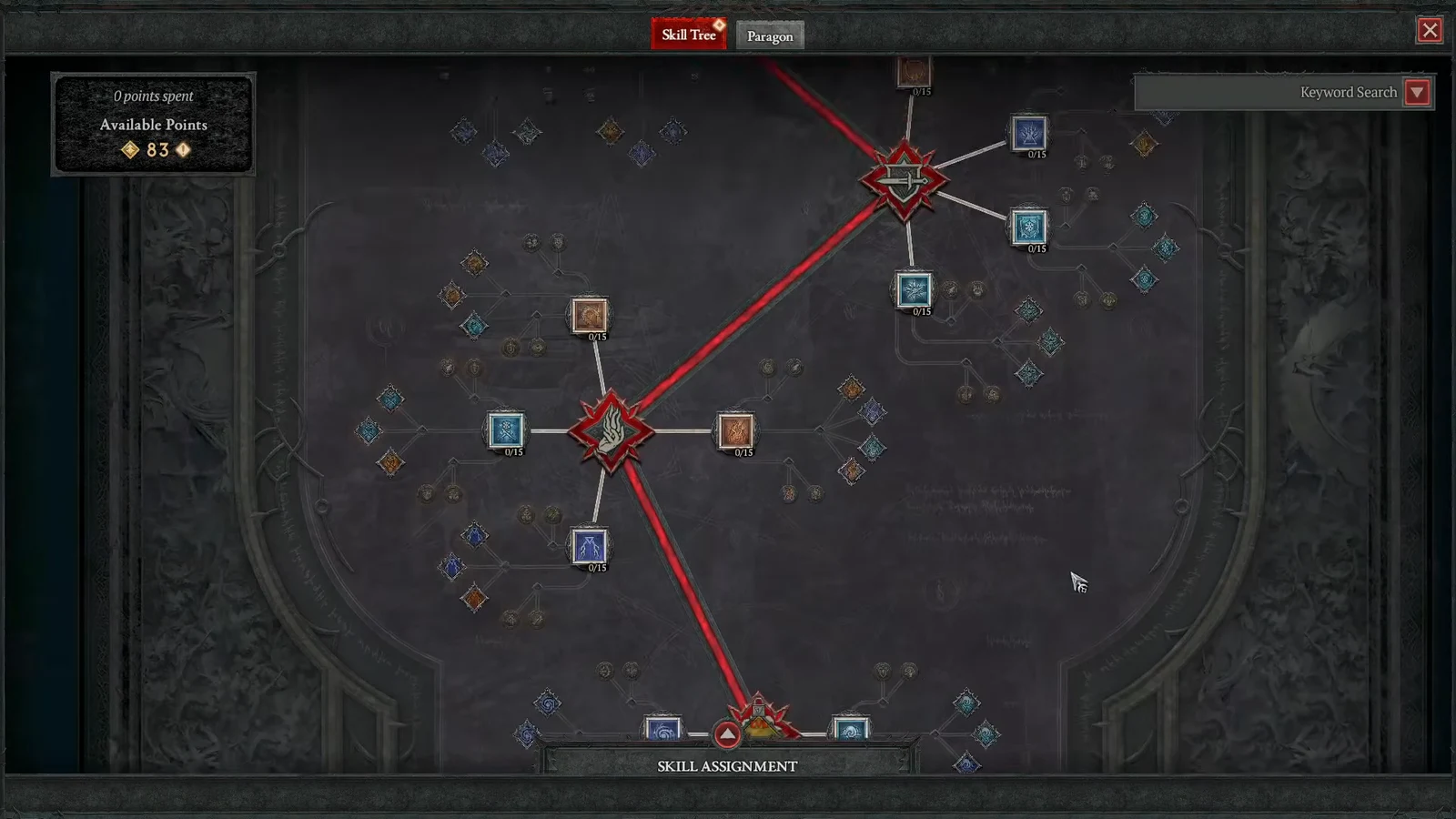 Sorcerer skill tree open on the Skill Assignment tab with points ready to spend