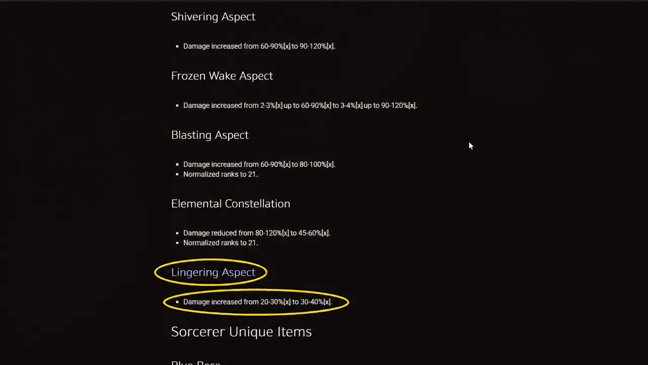Sorcerer aspect change list with the Lingering Aspect damage buff highlighted