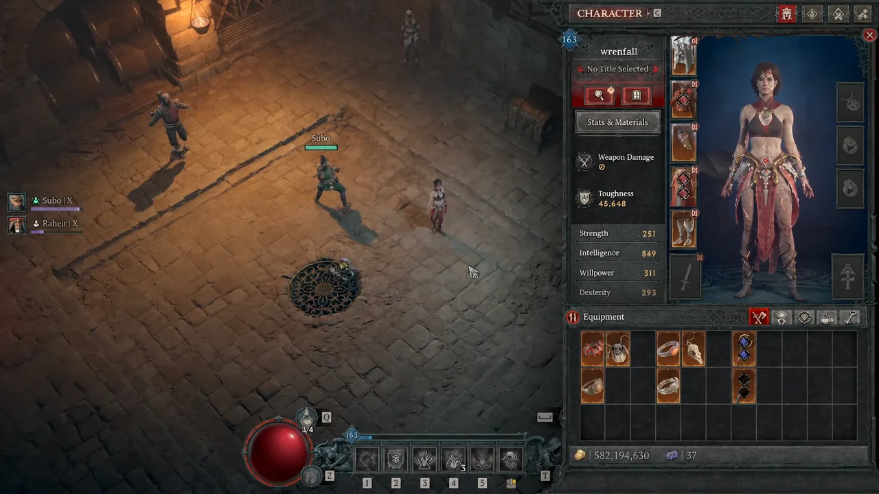 Character menu on the Equipment tab showing equipped Sorcerer gear and stats