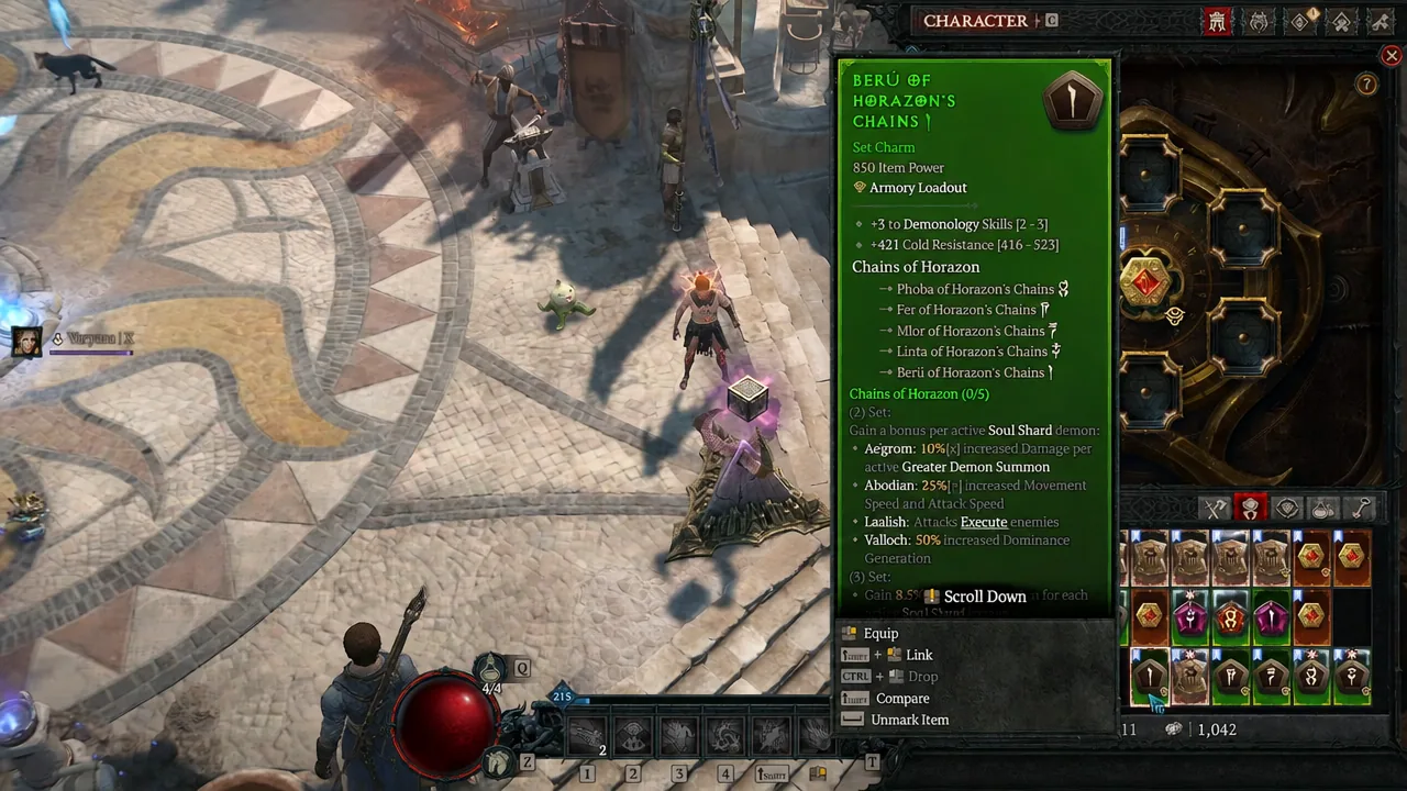 Character screen with the Berú of Horazon's Chains charm highlighted and its stats shown