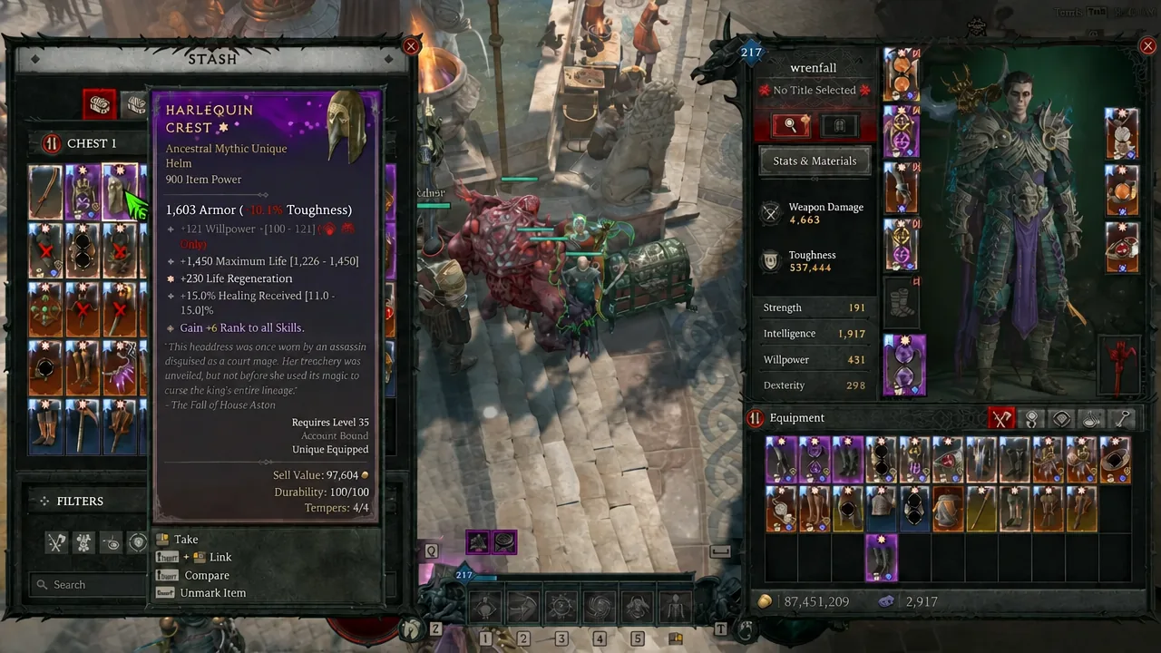 Stash view with a Harlequin Crest selected and its full stat tooltip open next to the inventory
