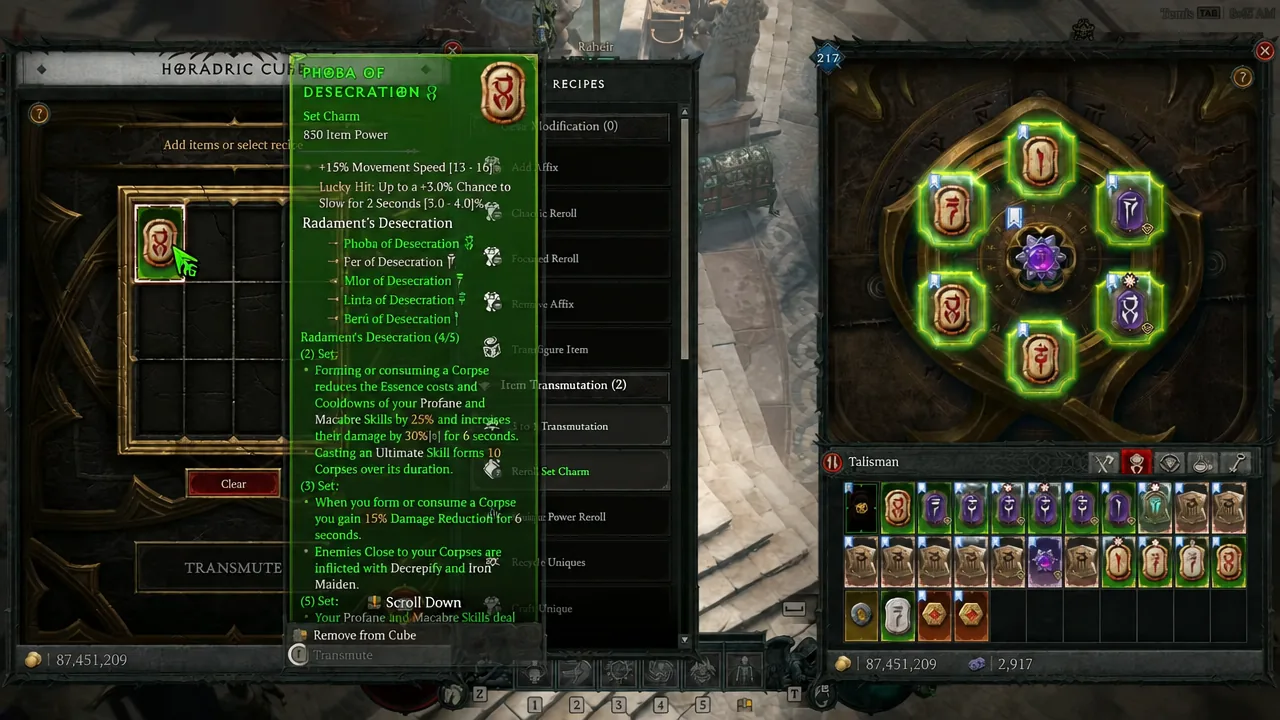 Horadric Cube screen with Phoba of Desecration selected and its tooltip displayed