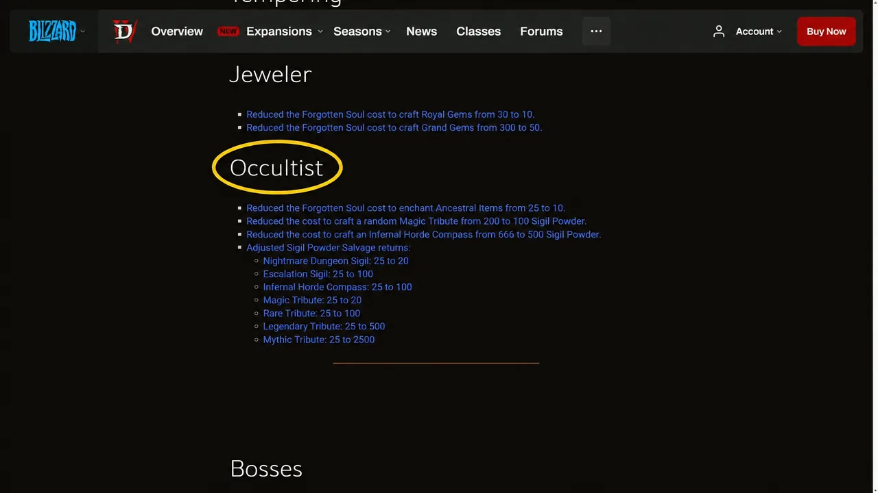 Crafting interface showing reduced material costs and salvage returns for sigils and tributes