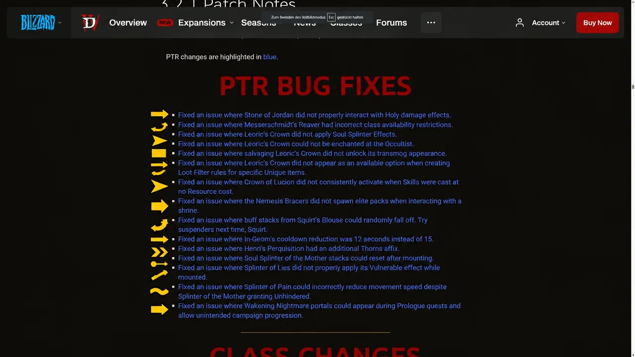 Patch notes page scrolled to the PTR Bug Fixes section listing item and quest corrections
