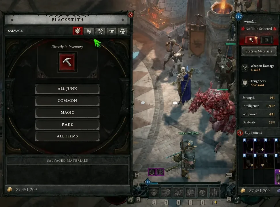 Blacksmith interface with the Salvage tab open and inventory items ready to break down
