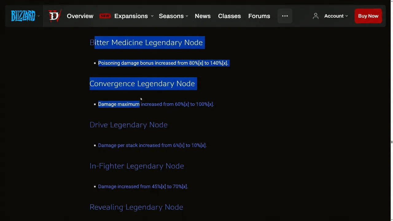 Diablo 4 patch notes page with the Bitter Medicine and Convergence Legendary Node entries highlighted