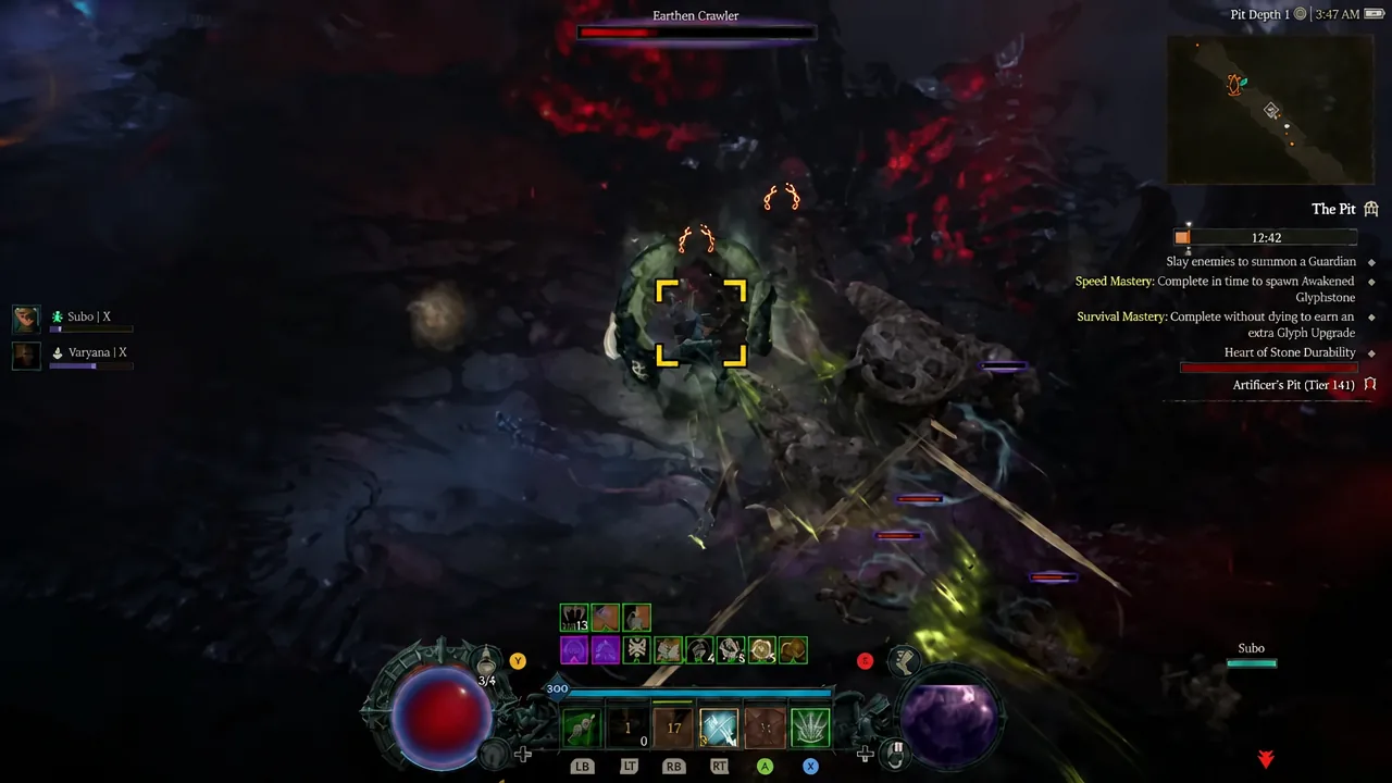 Combat in The Pit with a yellow reticle locked onto a central enemy