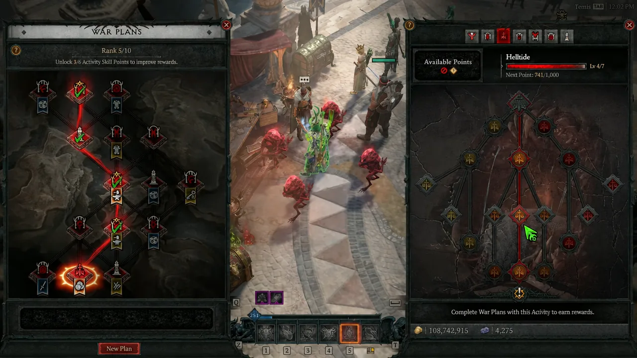 The War Plans menu in Diablo 4 with a skill node glowing at the bottom of the tree