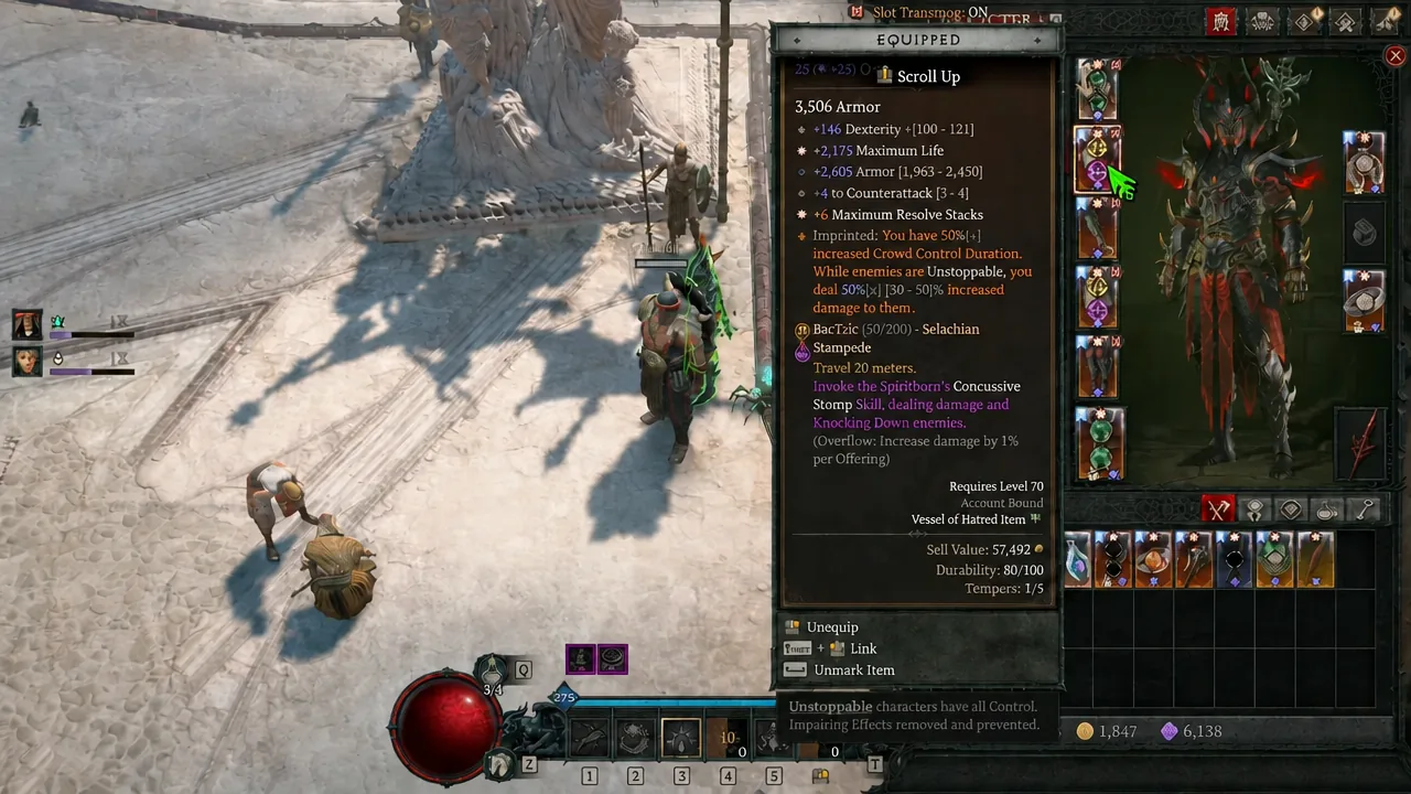 Diablo 4 equipped inventory screen with an armor piece highlighted and its full stat breakdown shown